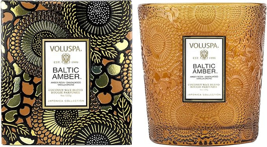 Voluspa Baltic Amber, Classic Boxed Candle, 9 oz, 60 Hour Burn Time, Coconut Wax for Clean Burning, Handcrafted in The USA