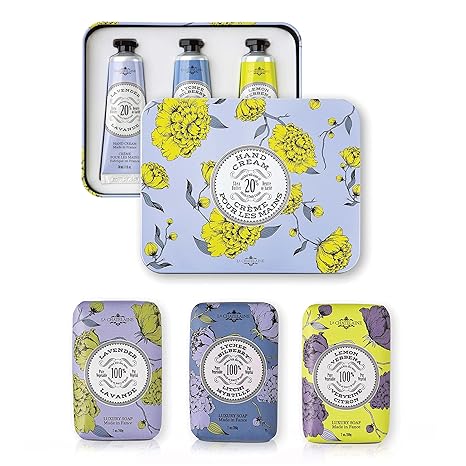 La Chatelaine Lavender Hand Cream Trio Gift Set and Luxury Triple Milled Soaps (Lavender, Lychee Bilberry, Lemon Verbena)
