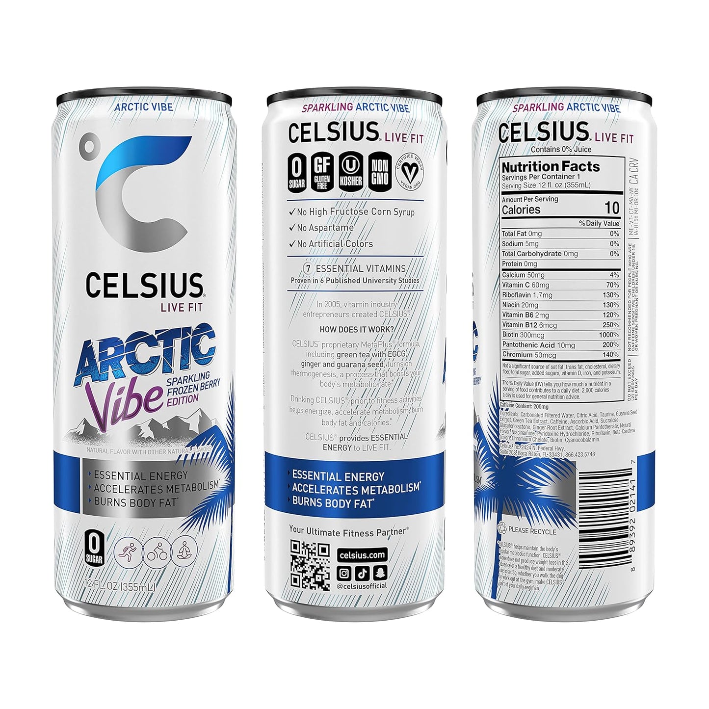 Celcius Essential Artic Vibe Energy Drink 12 fl oz bottles( Case Pack of 24)