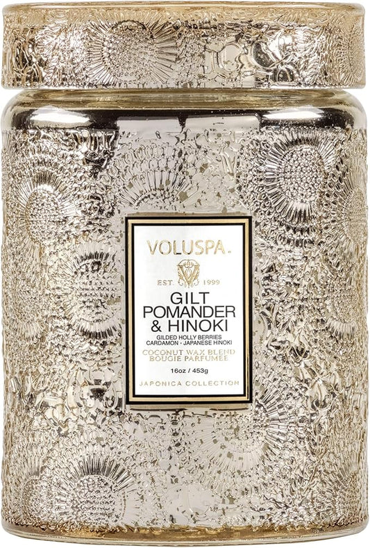 Voluspa Gilt Pomander Hinoki, Large Candle Jar, 18 oz, 100 Hour Burn Time, Coconut Wax for Clean Burning, Handcrafted in The USA
