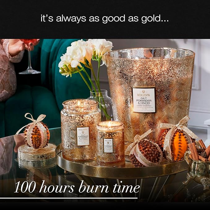 Voluspa Gilt Pomander Hinoki, Large Candle Jar, 18 oz, 100 Hour Burn Time, Coconut Wax for Clean Burning, Handcrafted in The USA
