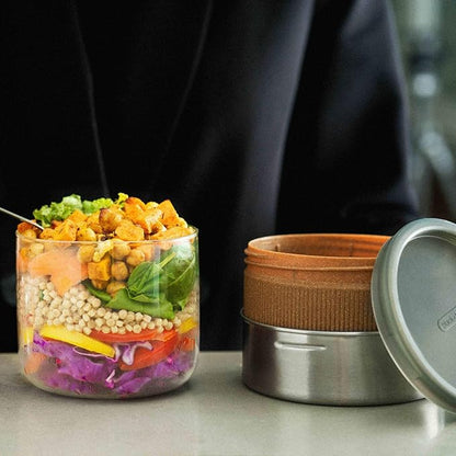 BLACK + BLUM GR-LB-M014 Pot Leakproof Meal Prep Lunch Box Food Container, Glass, Stainless Steel, Polypropylene with Wood Fibre and Silicone, 600 milliliters, Almond