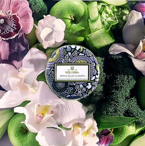 Voluspa Apple Blue Clover Candle | 3 Wick Tin | 12 Oz. | Coconut Wax for Clean Burning