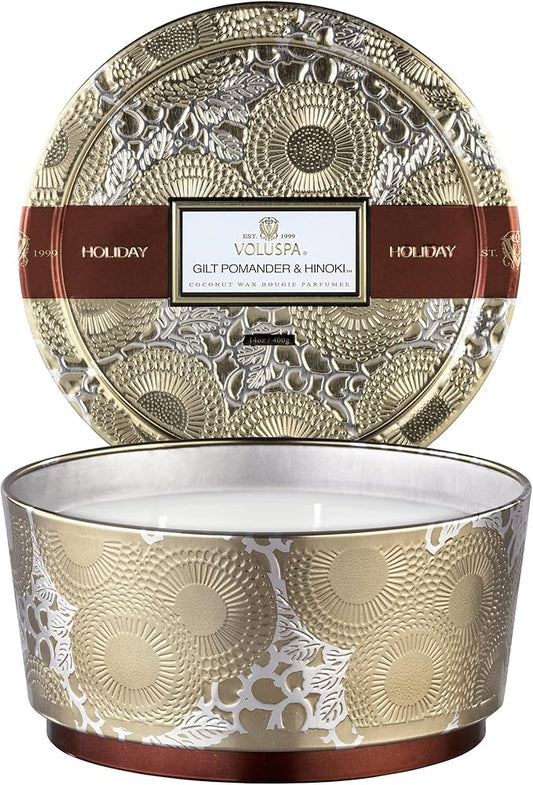 Voluspa Gilt Pomander Hinoki Candle | 3 Wick Tin | 14 Oz. | Holiday Scent | All Natural Wicks and Coconut Wax for Clean Burning