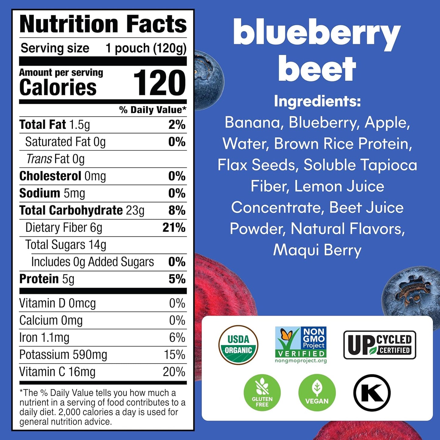 NOKA Superfood Pouches (Blueberry Beet) 6 Pack | 100% Organic Fruit