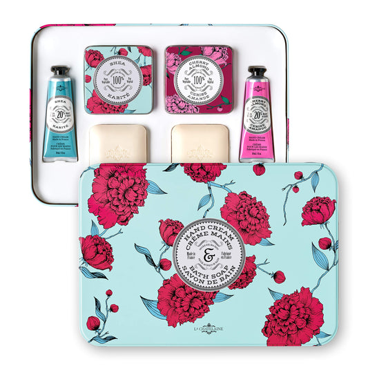La Chatelaine Luxury Travel Soap Collection, Set of 4: Plant-Based, Made in France with Organic Shea Butter, featuring 2 Shea Hand Creams, 2 shea soaps, & 2 Travel Tins