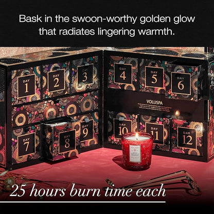 Voluspa 12 Day Advent Calendar Scented Candles Gift Set, 2.5 oz each, Christmas Candles Set, 25 Hour Burn Time per Candle, Scented Candles for Women and Men