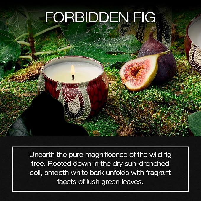 Voluspa Forbidden Fig, Mini Tin Candle, 4 oz, 25 Hour Burn Time, Coconut Wax for Clean Burning, Handcrafted in The USA