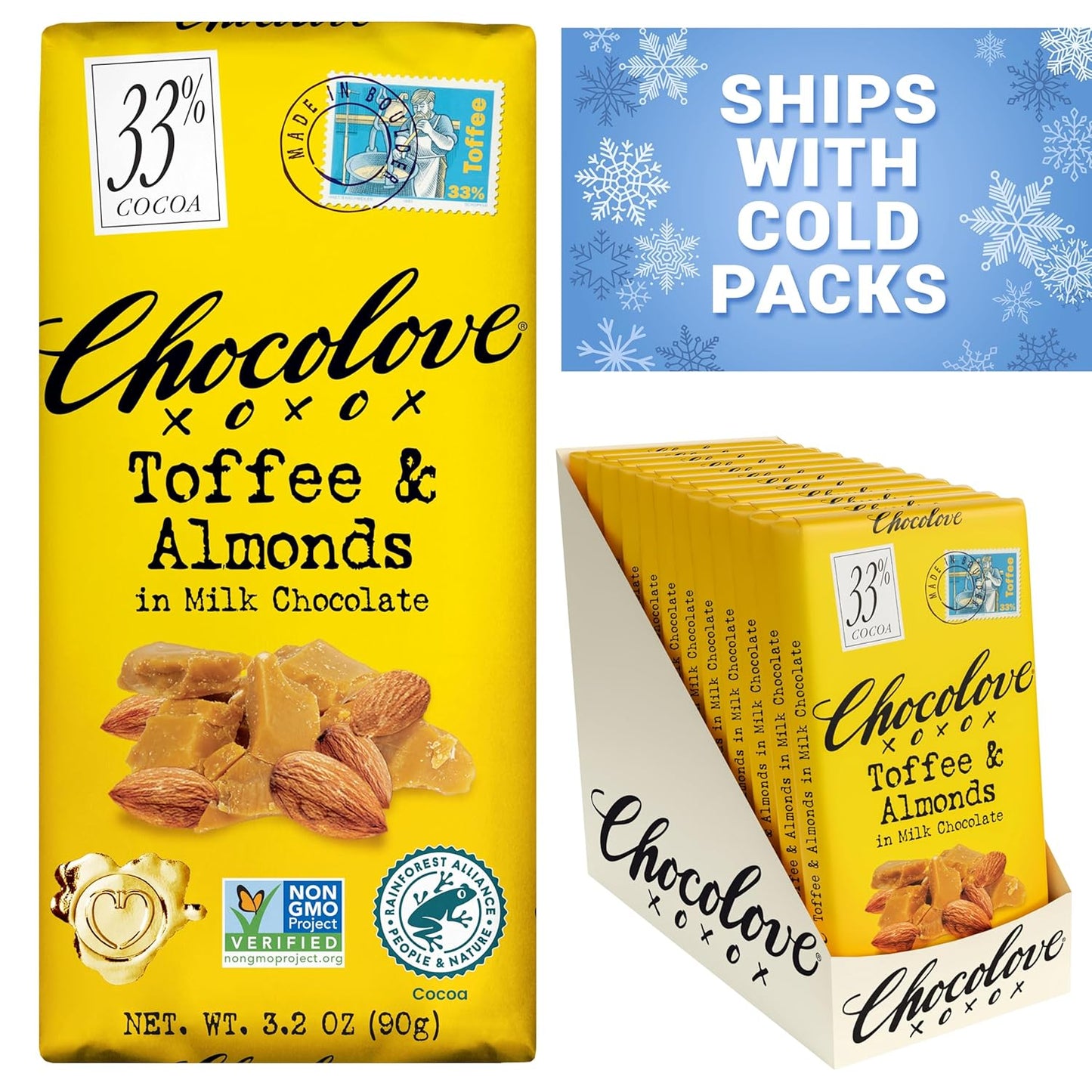 Chocolove Tofffee & Almonds Milk Chocolate 3.2 oz - 12 Pack