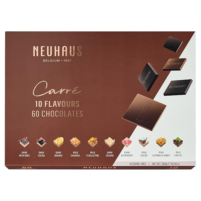 Neuhaus Belgian Chocolate Carré 10 Flavors Box – 60 Neuhaus Chocolate Carrés Assorted Milk & Dark Chocolates – 10 Flavors – Individually Wrapped – Chocolate Treasure Box
