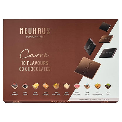 Neuhaus Belgian Chocolate Carré 10 Flavors Box – 60 Neuhaus Chocolate Carrés Assorted Milk & Dark Chocolates – 10 Flavors – Individually Wrapped – Chocolate Treasure Box