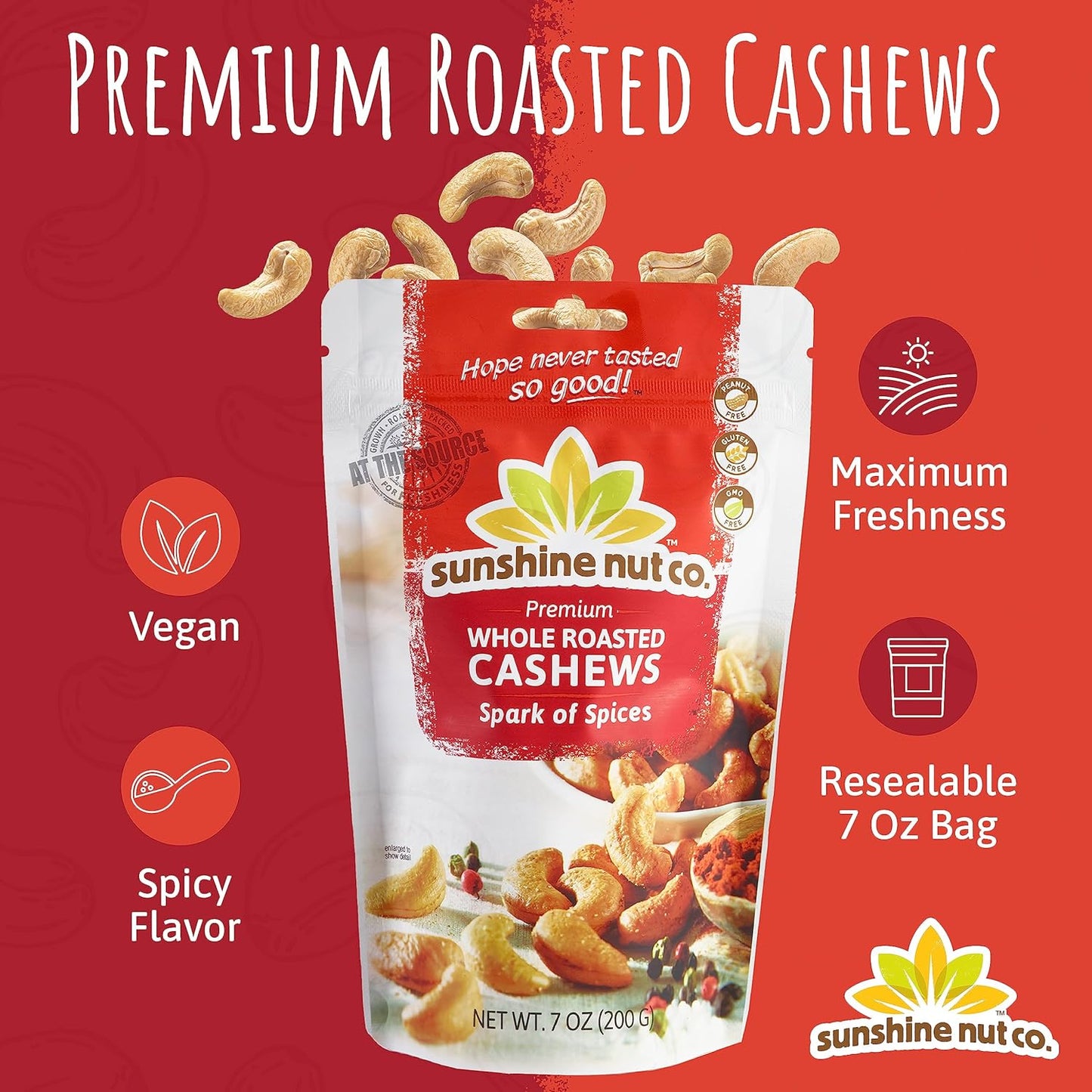 Sunshine Nut Whole Roasted Cashews - Spark of Spice 7 oz bags ( Case Pack of 6)