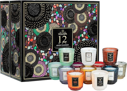 Voluspa 12 Day Advent Calendar Scented Candles Gift Set, 2.5 oz each, Christmas Candles Set, 25 Hour Burn Time per Candle, Scented Candles for Women and Men
