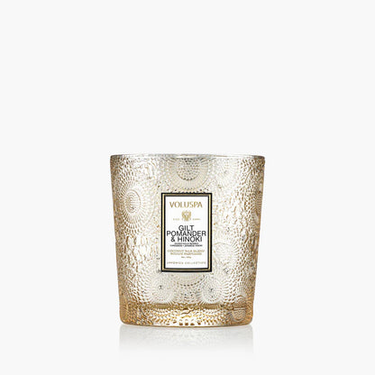 Voluspa Gilt Pomander and Hinoki, Classic Boxed 9 oz Candle, Coconut Wax Blend, Scented Candles for Home, 60 Hour Burn Time, Handcrafted in The USA