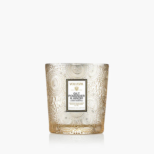 Voluspa Gilt Pomander and Hinoki, Classic Boxed 9 oz Candle, Coconut Wax Blend, Scented Candles for Home, 60 Hour Burn Time, Handcrafted in The USA