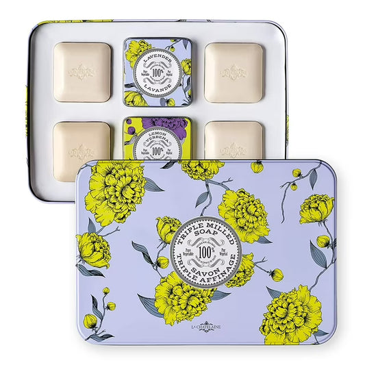 La Chatelaine Luxury Travel Soap Collection, Set of 4: Plant-Based, Made in France with Organic Shea Butter, featuring 2 Lavender soaps, 2 Lemon Verbena soaps, & 2 Travel Tins