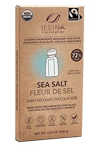 Jelina Chocolatier | 8 Pack 72% Dark Chocolate Bar with Sea Salt | Organic Cocoa, Fair Trade Chocolate | Non-GMO, Vegan Chocolates - 3.52oz Each