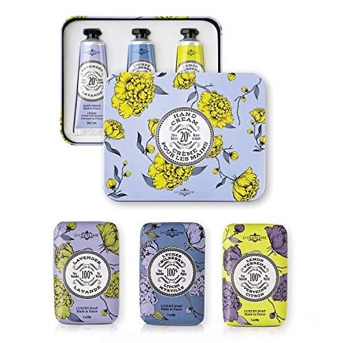 La Chatelaine Lavender Hand Cream Trio Gift Set and Luxury Triple Milled Soaps (Lavender, Lychee Bilberry, Lemon Verbena)