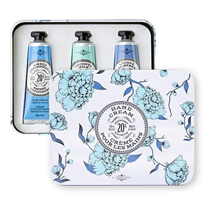 La Chatelaine Hand Cream Trio Tin Gift Set | Mother's Day | Ready-To-Gift Decorative Tin | Plant-Based | Made in France with 20% Organic Shea Butter (Amber Cashmere, Coconut Milk, Lychee Bil