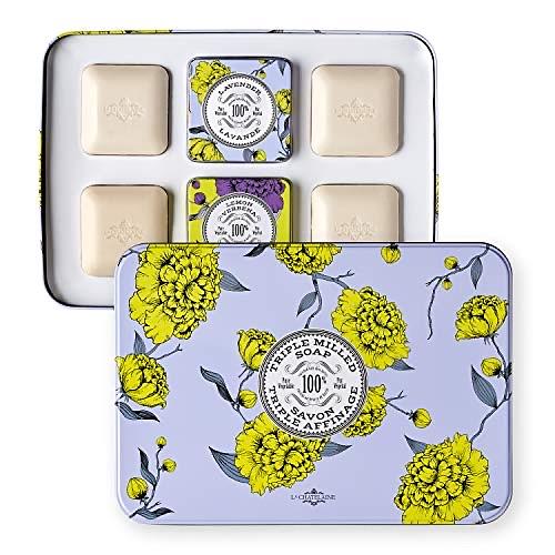 La Chatelaine Luxury Travel Soap Collection, Set of 4: Plant-Based, Made in France with Organic Shea Butter, featuring 2 Lavender soaps, 2 Lemon Verbena soaps, & 2 Travel Tins