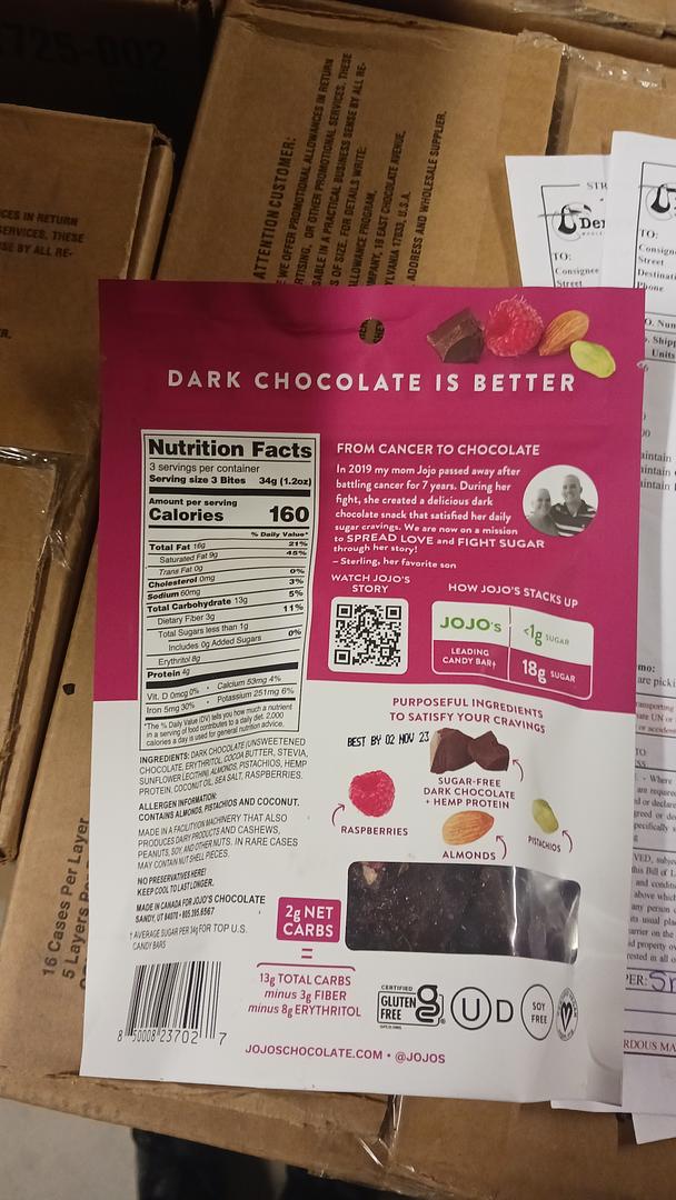JoJo's Dark Chocolate Raspberries, Almonds, & Pistachio Bites 3.6 oz bags (Case Pack of 6)