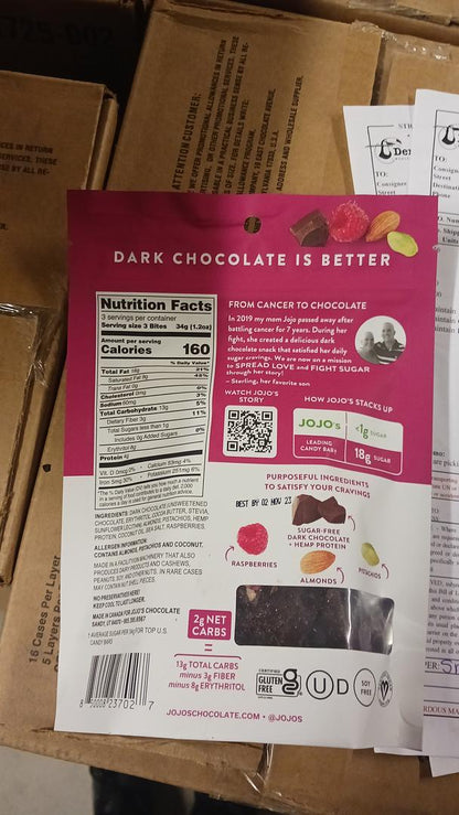 JoJo's Dark Chocolate Raspberries, Almonds, & Pistachio Bites 3.6 oz bags (Case Pack of 6)