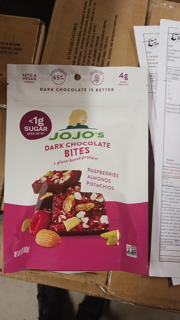 JoJo's Dark Chocolate Raspberries, Almonds, & Pistachio Bites 3.6 oz bags (Case Pack of 6)