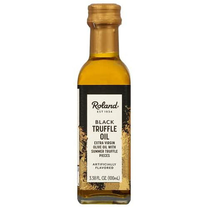 Roland Organic Black Truffle Oil Flavored Extra Virgin Olive Oil with Summer Truffle Pieces 3.38 oz bottle