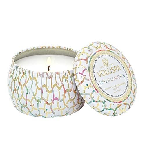 Voluspa Wildflowers | Mini Tin Candle | 4 Oz. | 25 Hr Burn Time | All Natural Wicks and Coconut Wax for Clean Burning | Vegan
