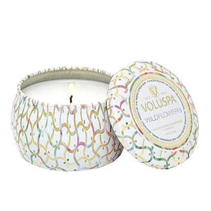 Voluspa Wildflowers | Mini Tin Candle | 4 Oz. | 25 Hr Burn Time | All Natural Wicks and Coconut Wax for Clean Burning | Vegan