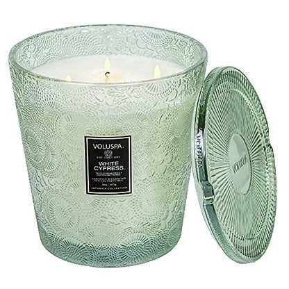 Voluspa White Cypress, 3 Wick Boxed Hearth, 38 Ounce, 80 Hour Burn Time, All Natural Wicks and Coconut Wax for Clean Burning, Vegan, Poured in The USA