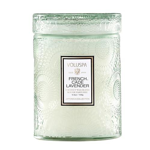 Voluspa French Cade Lavender, Small Candle Jar, 5.5 Ounces, 50 Hour Burn Time, All Natural Wicks and Coconut Wax for Clean Burning, Vegan, Poured in The USA