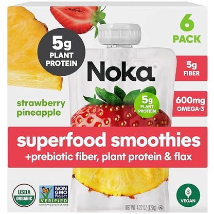 Noka Superfood Fruit Smoothie Pouches, Strawberry Pineapple, Healthy Snacks with Flax Seed, Prebiotic Fiber and Plant Protein, Vegan and Gluten Free, Organic Squeeze Pouch, 4.22 oz, 6 Count