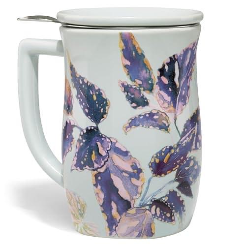 Tea Forte Ceramic Fiore Cup with Handle, Removeable Stainless Steel Infuser Basket and Lid, Steeps 14 oz Loose Leaf Tea, Dishwasher & Microwave Safe, Demoiselle