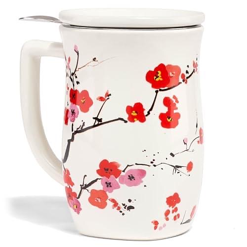 Tea Forte Ceramic Fiore Cup with Handle, Removeable Stainless Steel Infuser Basket and Lid, Steeps 14 oz Loose Leaf Tea, Dishwasher & Microwave Safe, Sakura