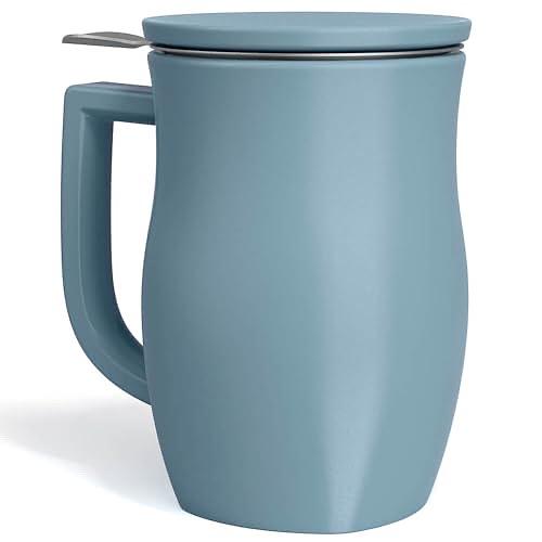 Tea Forte Ceramic Fiore Cup with Handle, Removeable Stainless Steel Infuser Basket and Lid, Steeps 14 oz Loose Leaf Tea, Dishwasher & Microwave Safe, Stone Blue