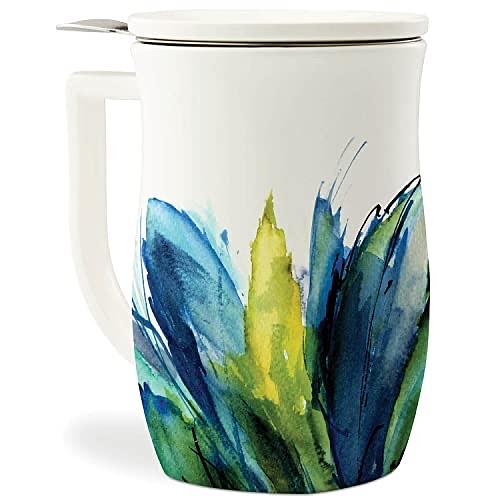Tea Forte Ceramic Fiore Cup with Handle, Removeable Stainless Steel Infuser Basket and Lid, Steeps 14 oz Loose Leaf Tea, Dishwasher & Microwave Safe, Blue Agave