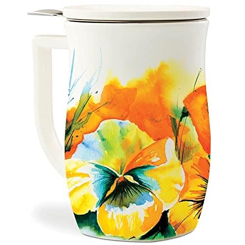 Tea Forte Ceramic Fiore Cup with Handle, Removeable Stainless Steel Infuser Basket and Lid, Steeps 14 oz Loose Leaf Tea, Dishwasher & Microwave Safe, Wild Poppy