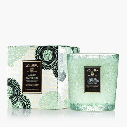 Voluspa White Cypress Candle Jar, 9 oz, Coconut Wax Blend, Winter Scented Candles for Home, 60 Hour Burn Time, Handcrafted in The USA