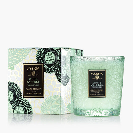 Voluspa White Cypress Candle Jar, 9 oz, Coconut Wax Blend, Winter Scented Candles for Home, 60 Hour Burn Time, Handcrafted in The USA