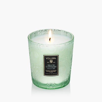 Voluspa White Cypress Candle Jar, 9 oz, Coconut Wax Blend, Winter Scented Candles for Home, 60 Hour Burn Time, Handcrafted in The USA
