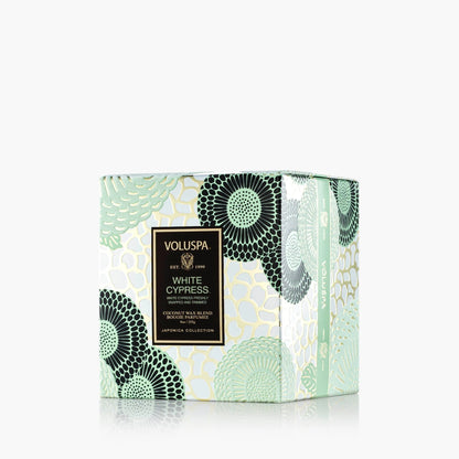 Voluspa White Cypress Candle Jar, 9 oz, Coconut Wax Blend, Winter Scented Candles for Home, 60 Hour Burn Time, Handcrafted in The USA